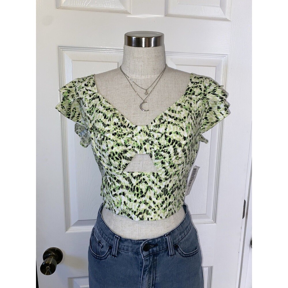 bar III Green Animal Print Square Neck Ruffle Sleeve Cropped Blouse Size 4